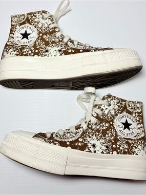 Converse Platform High-Top Sneakers in Brown and Cream Paisley